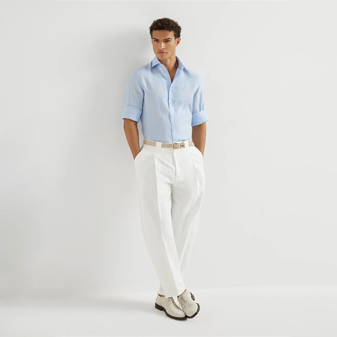 brunello cucinelli panama cotton linen pleated long trousers